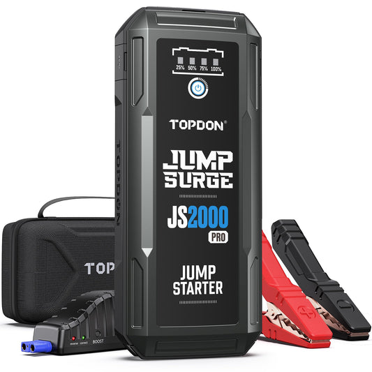 TOPDON JS2000 Auto Starthilfe Powerbank, 2000A 16000mAh Jump Starter für bis zu 8,0-Liter-Benzin- oder 6-Liter-Dieselmotoren, 12V-Starthilfe mit LED-Taschenlampe/USB-Anschluss