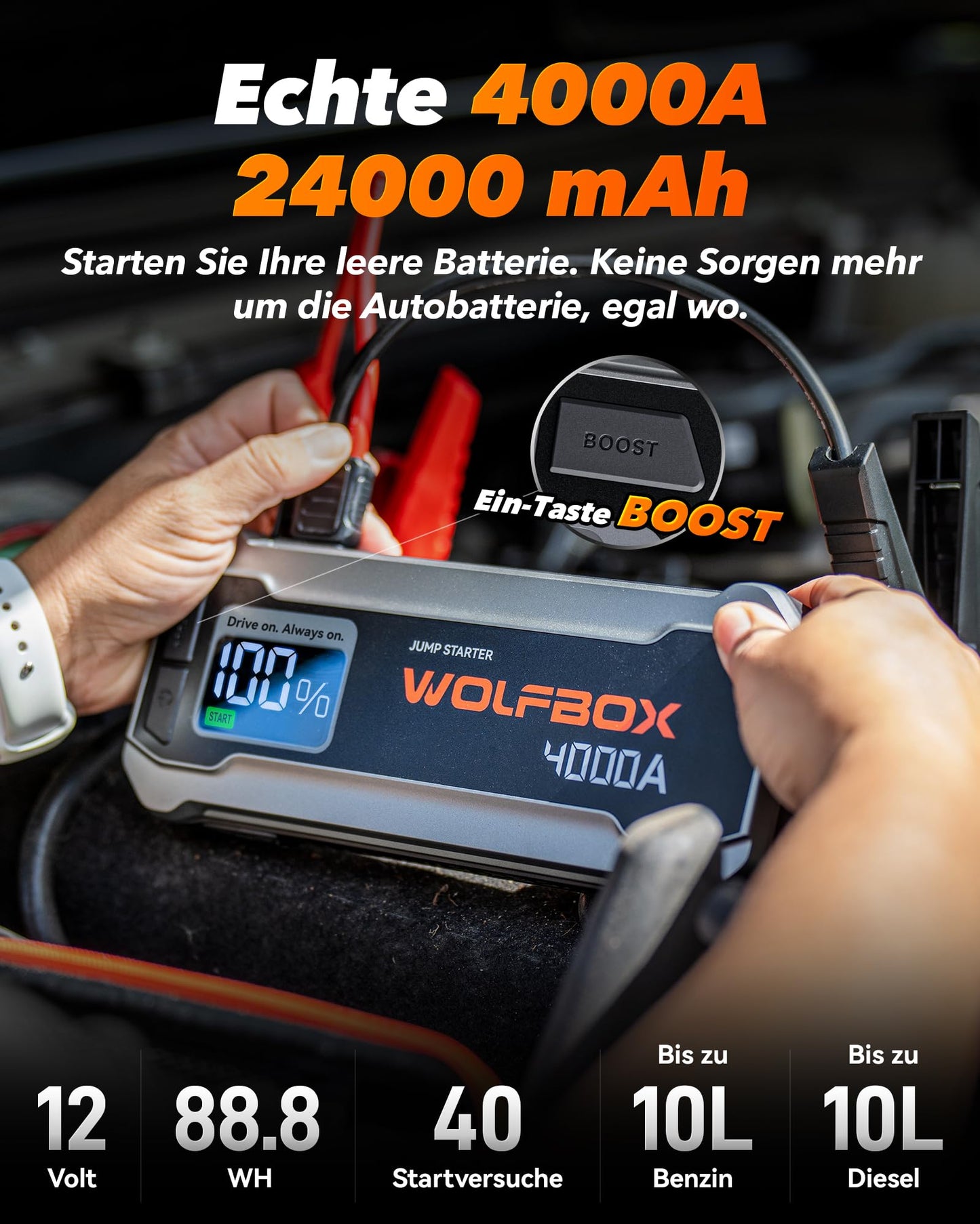 WOLFBOX Starthilfe Powerbank 4000A, 12V Auto Starthilfe (Bis zu 10L Benzin oder 10L Diesel) mit LED-Taschenlampe, großen Bildschirm,Starthilfekabel, Autobatterie Booster für SUV, LKW, Motorräder