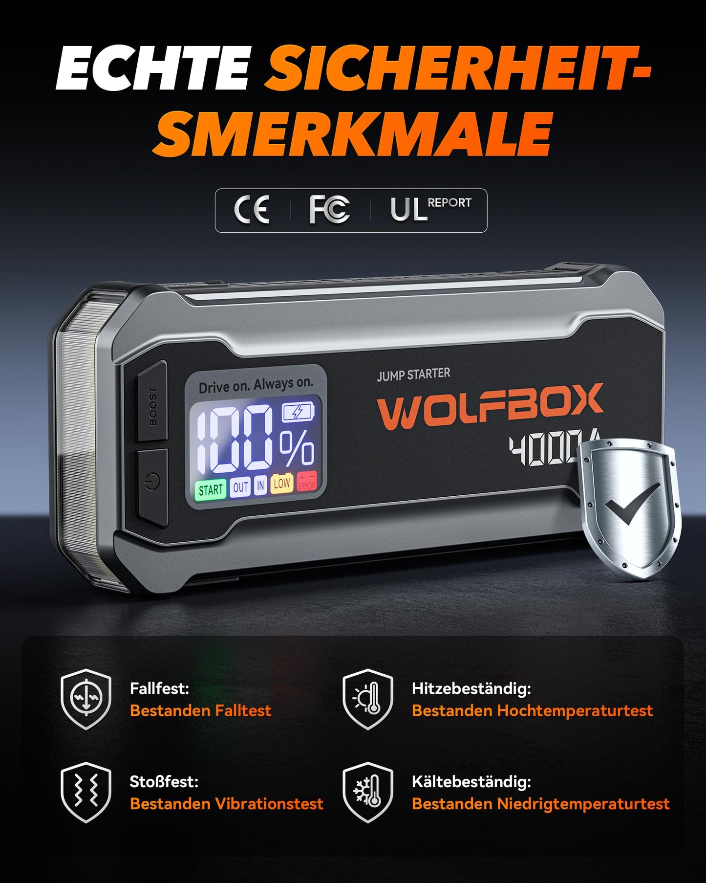 WOLFBOX Starthilfe Powerbank 4000A, 12V Auto Starthilfe (Bis zu 10L Benzin oder 10L Diesel) mit LED-Taschenlampe, großen Bildschirm,Starthilfekabel, Autobatterie Booster für SUV, LKW, Motorräder