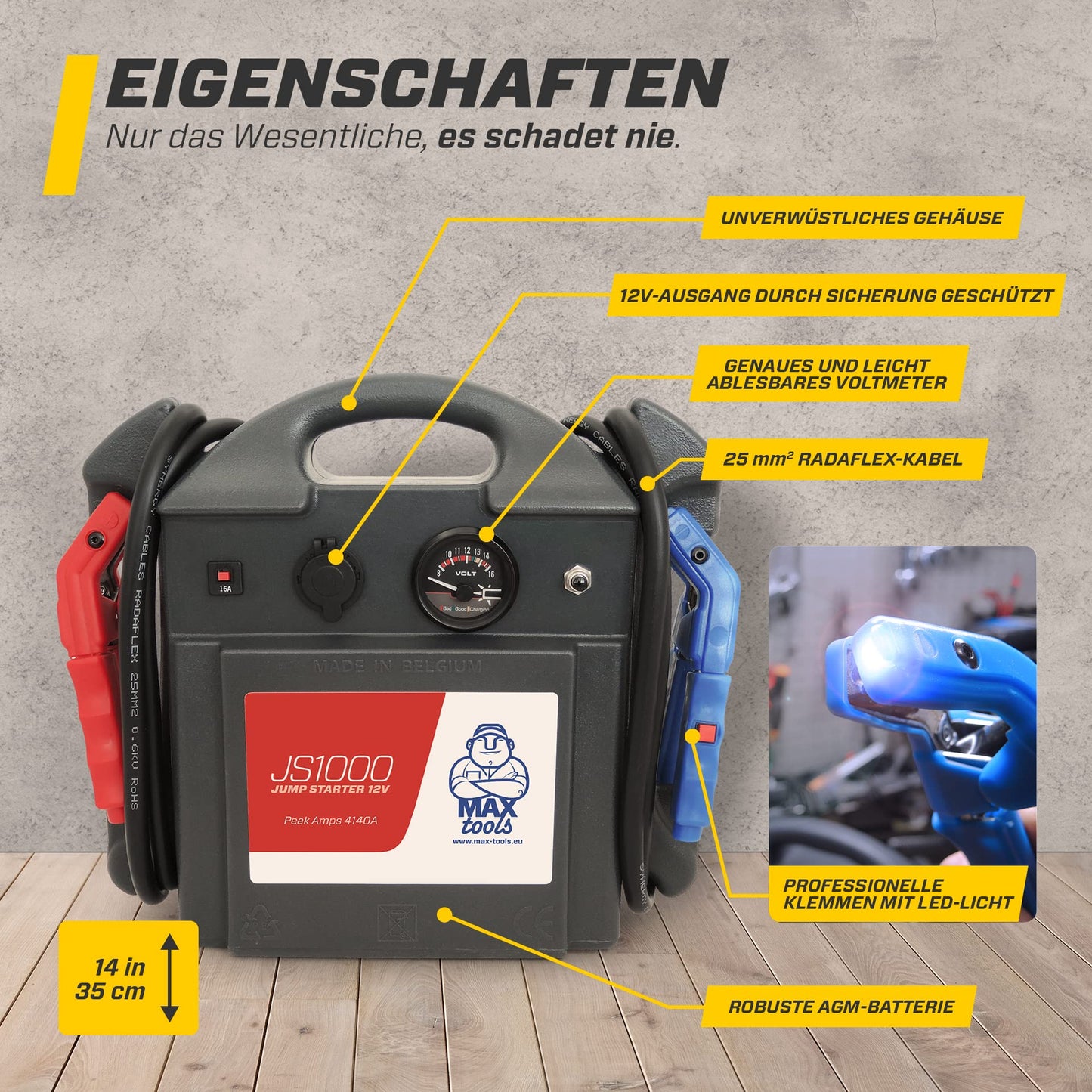 MAXTOOLS JS1000, Professioneller tragbarer Notstarter 1380A 12V 22Ah mit Einschaltstrom 4140A, Autobatterie-Starthilfe-Pack, Booster, Autostarter mit AGM-Bleibbatterie und Zange mit LED Licht