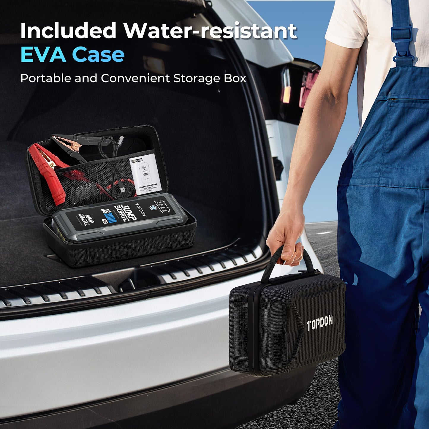 TOPDON JS2000 Auto Starthilfe Powerbank, 2000A 16000mAh Jump Starter für bis zu 8,0-Liter-Benzin- oder 6-Liter-Dieselmotoren, 12V-Starthilfe mit LED-Taschenlampe/USB-Anschluss