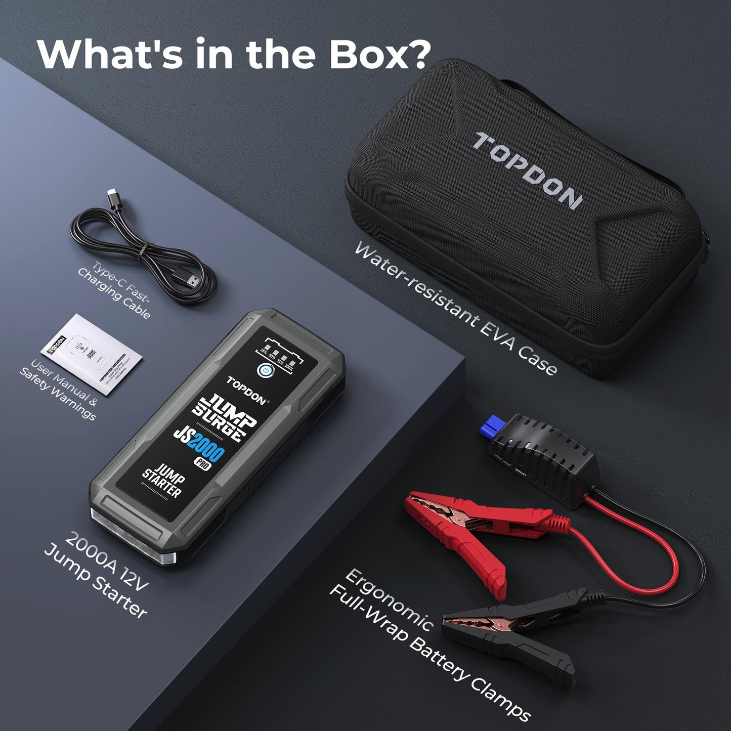 TOPDON JS2000 Auto Starthilfe Powerbank, 2000A 16000mAh Jump Starter für bis zu 8,0-Liter-Benzin- oder 6-Liter-Dieselmotoren, 12V-Starthilfe mit LED-Taschenlampe/USB-Anschluss