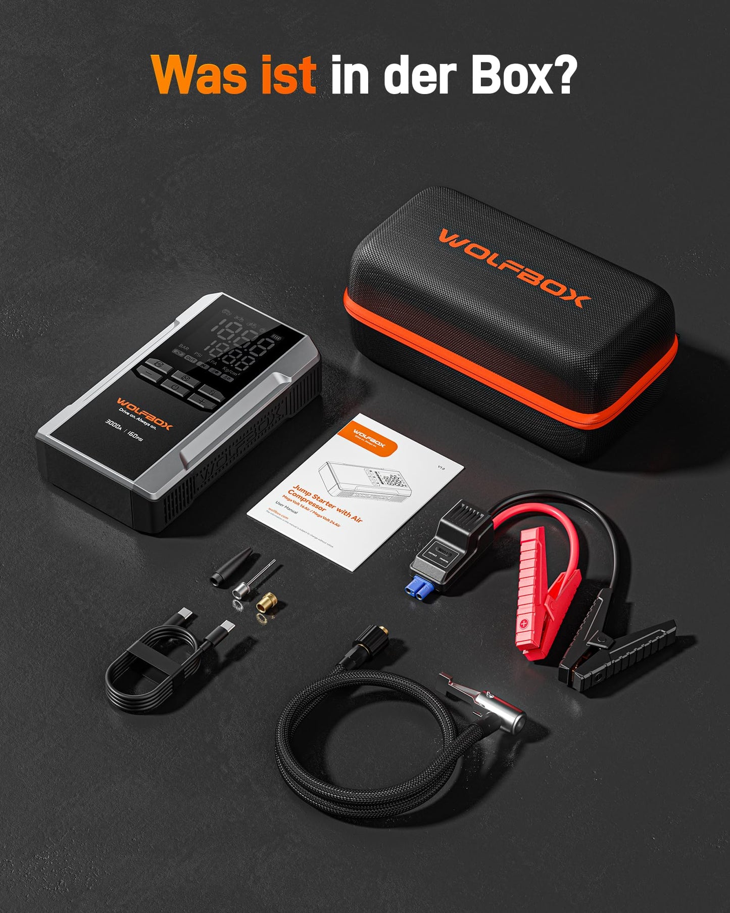 WOLFBOX 3000A Starthilfe Powerbank für PKW mit Luftkompressor 160 PSI, 65 W Schnellladung, 16000 mAh Kapazität, für 8 L Benzin- / 6 L Dieselmotoren, mit LED-Bildschirm und 400 Lumen Notlicht