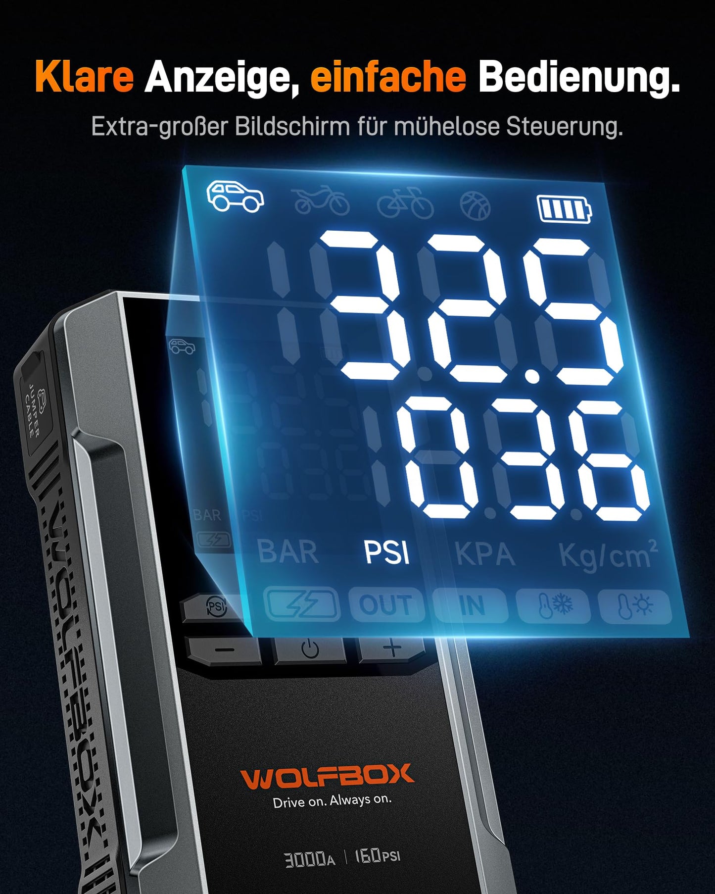 WOLFBOX 3000A Starthilfe Powerbank für PKW mit Luftkompressor 160 PSI, 65 W Schnellladung, 16000 mAh Kapazität, für 8 L Benzin- / 6 L Dieselmotoren, mit LED-Bildschirm und 400 Lumen Notlicht